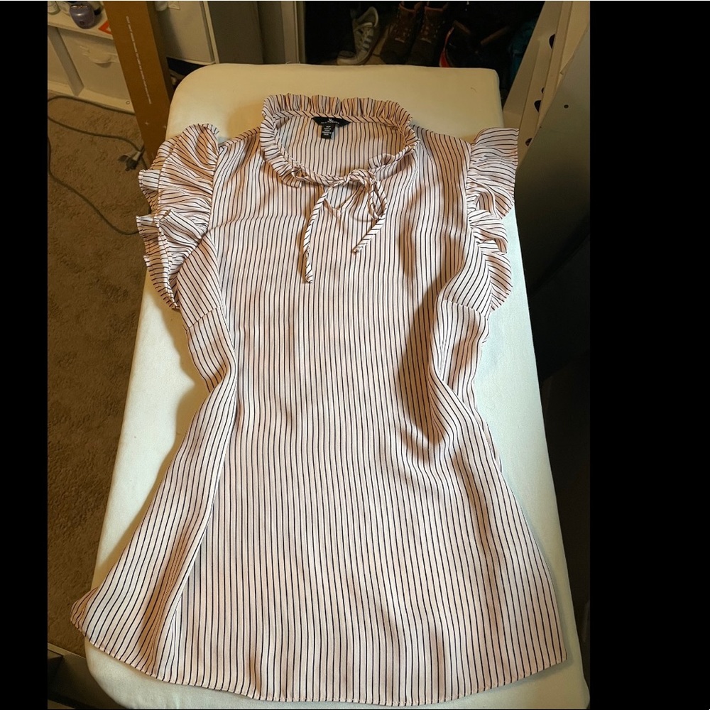 Light pink, black stripped ruffle blouse